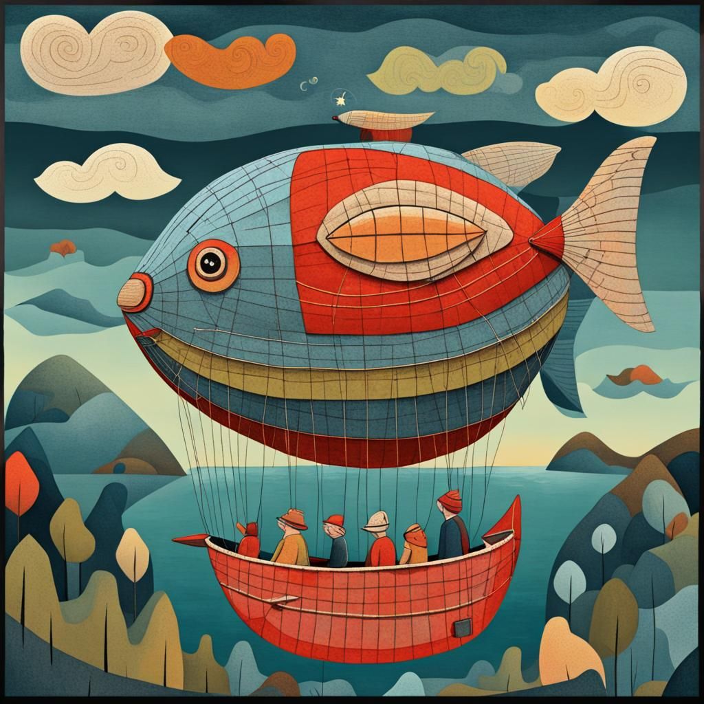 Fish Dirigible in Cubist Art Brut Style