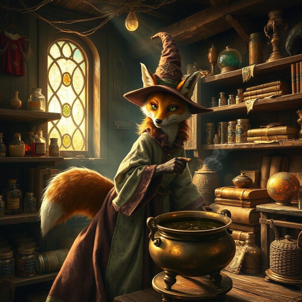 Mystical Fox Alchemist at Work in Enchanted Workshop