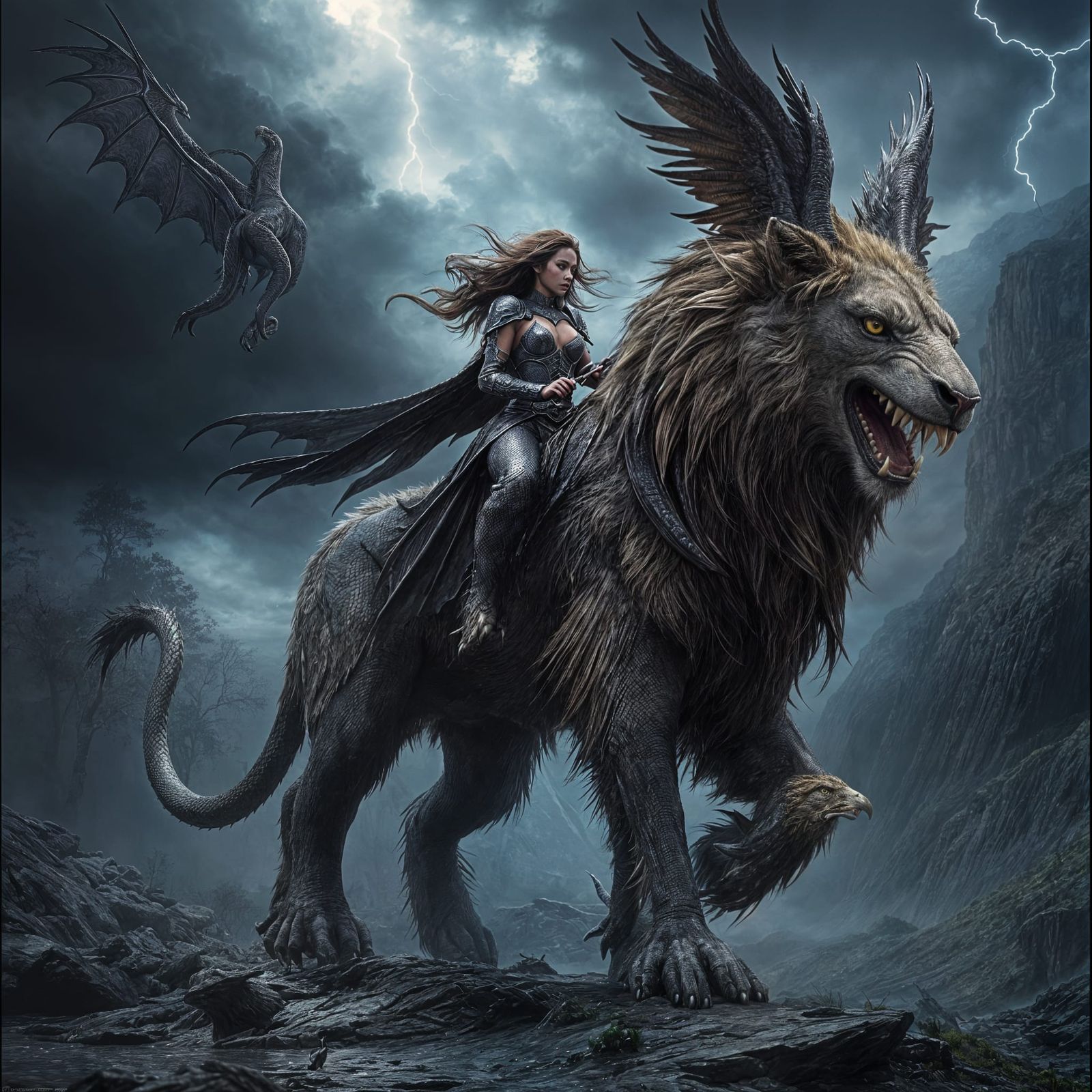 Mythic Chimeric Beast Rides Stormy Skies in Cyberpunk Style