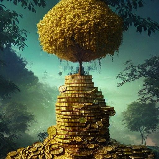 Hyperrealistic Gold Coin Tree with Treasure