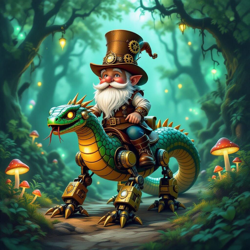 Steampunk Gnome Rides Mechanical Snake in Bioluminescent For...
