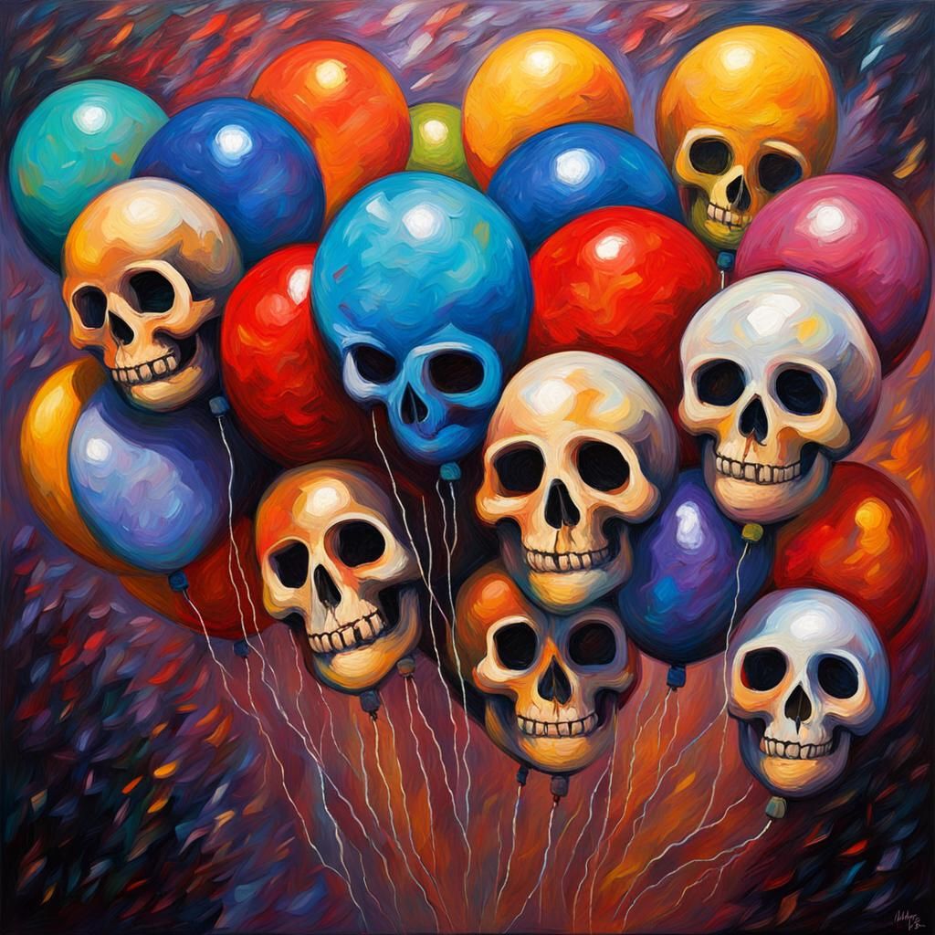 Skull Balloons and Lightning in Expressionist Style
