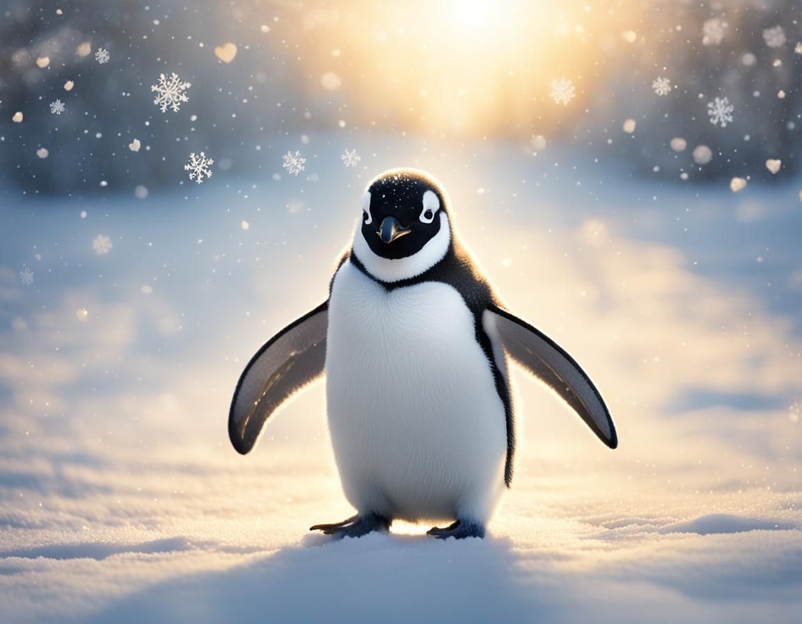 Penguin in Golden Cloak Radiating Light