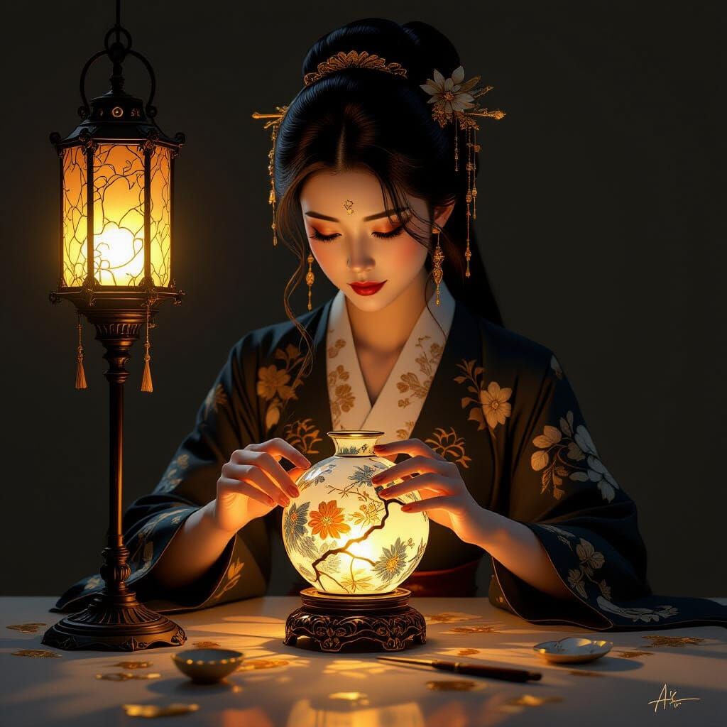 Chinese Beauty Crafts Kintsugi Paperweight in Dramatic Light