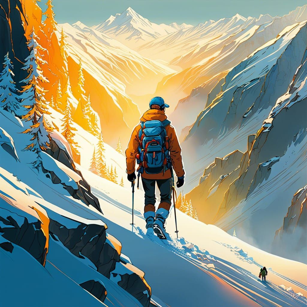 Snowshoer on Mountain Pass at Golden Hour