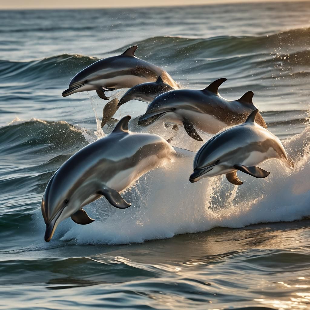 Dolphins Leaping in Sunny Ocean Bay Photo