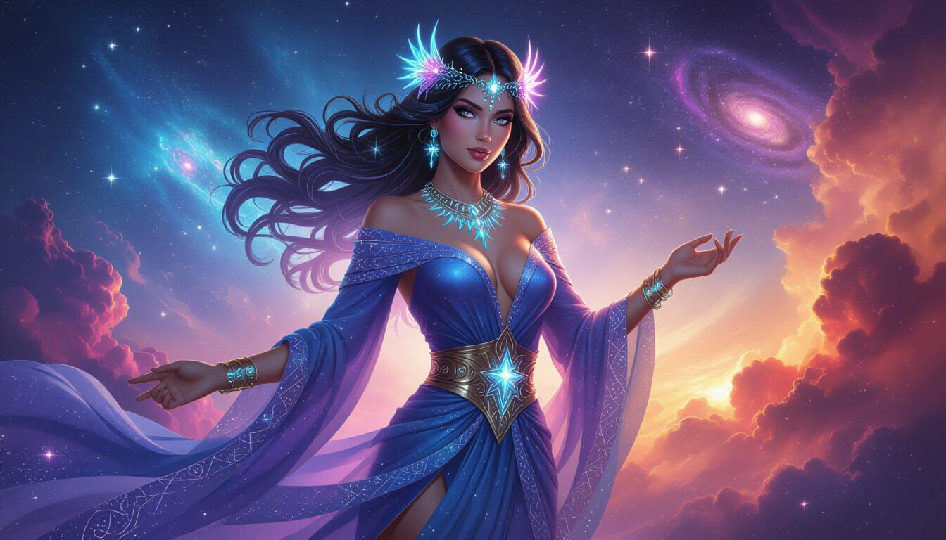 Cosmic Goddess in Nebula, Comic Book Art Style