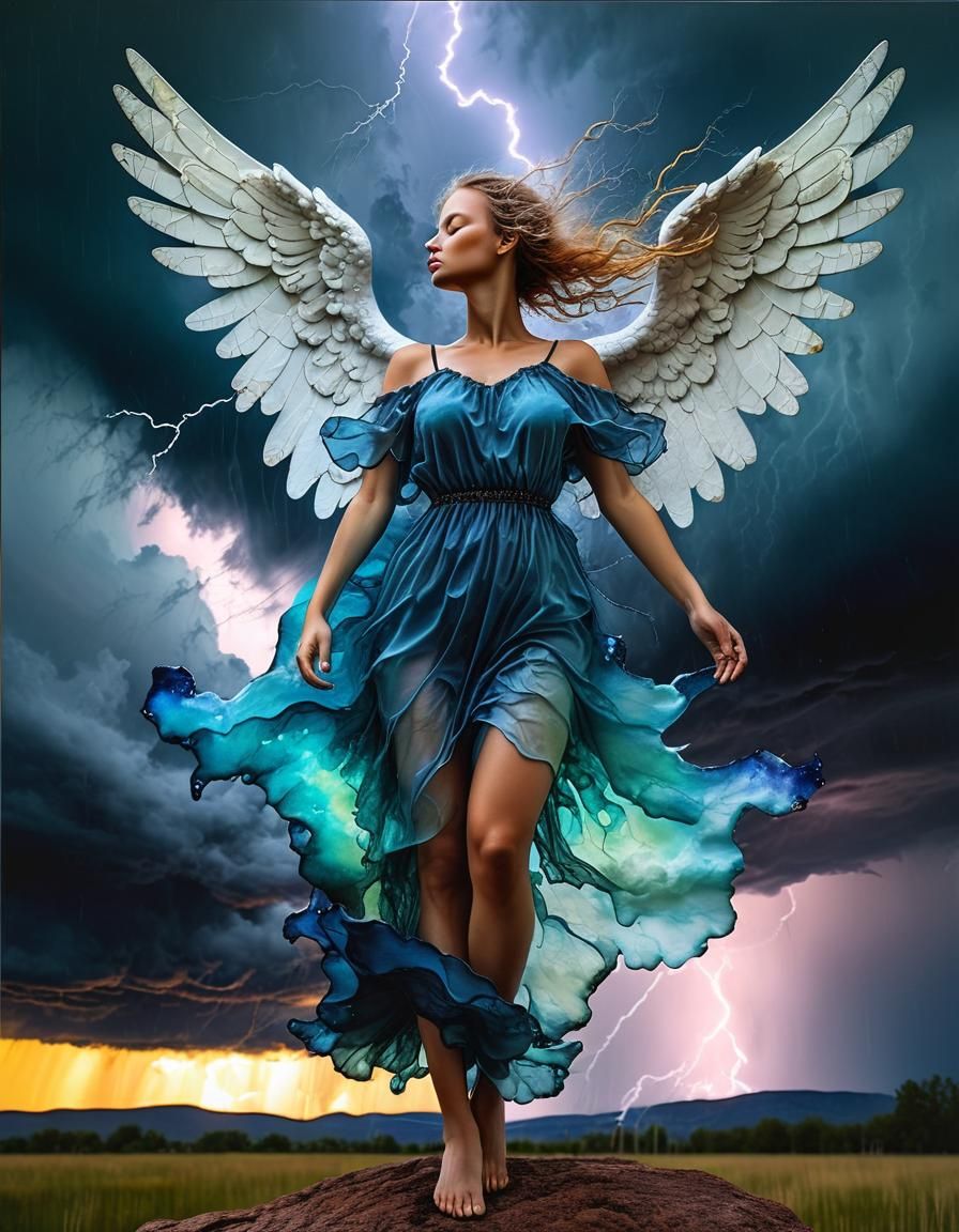Photorealistic Storm Angel in Alcohol Ink Style
