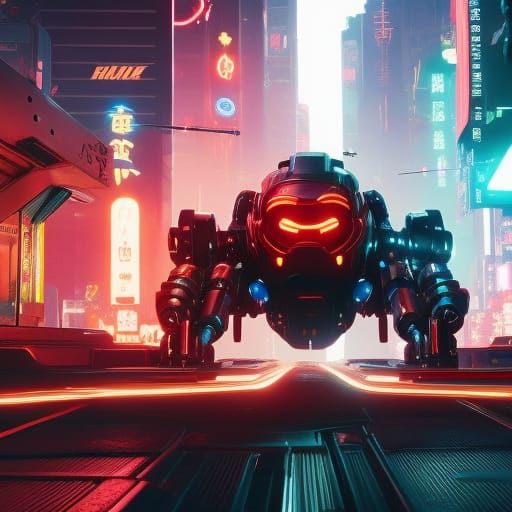 Cute Robot Spider with Signs in Cyberpunk Style