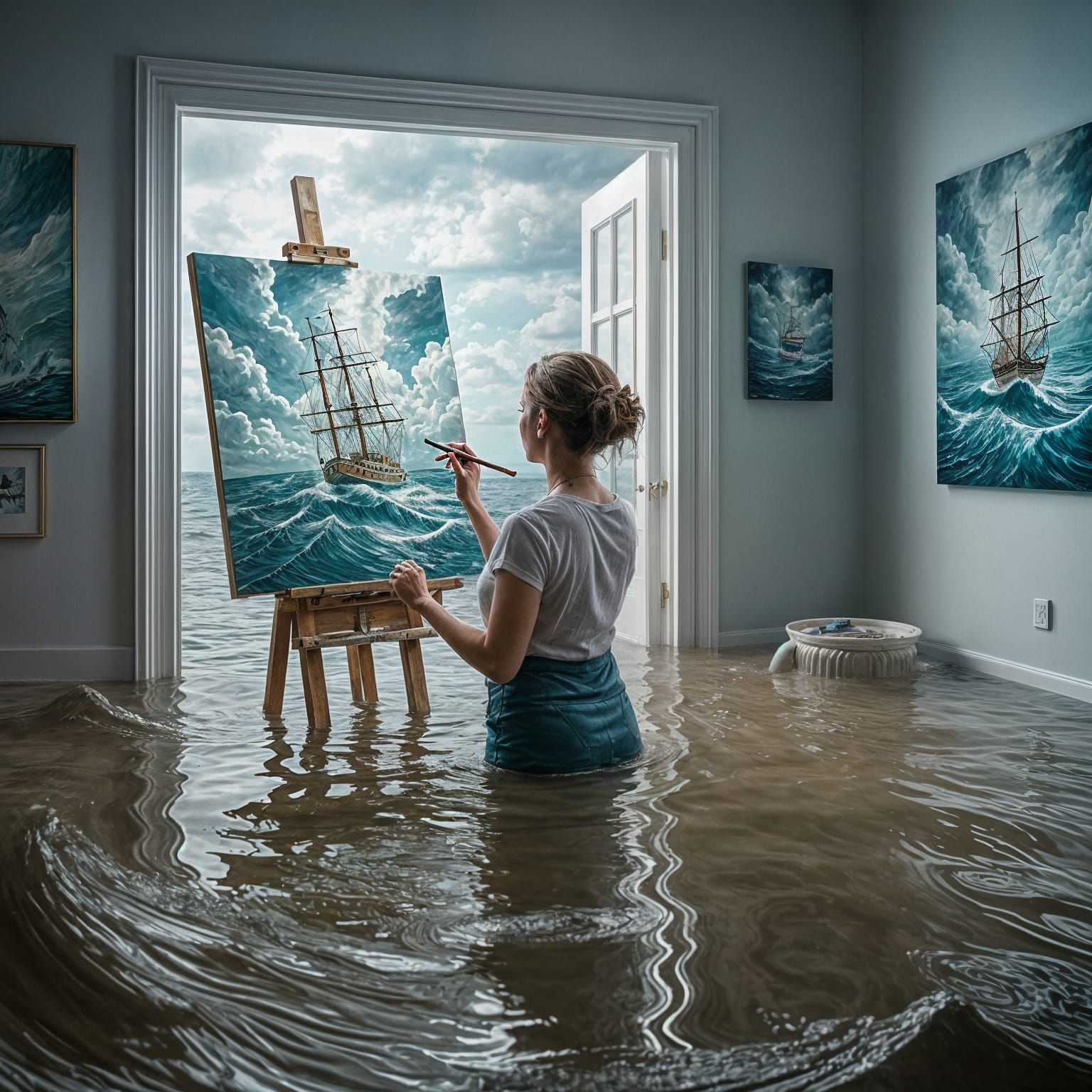Surreal Woman Paints Ship in Stormy Sea Amid Flooded Room
