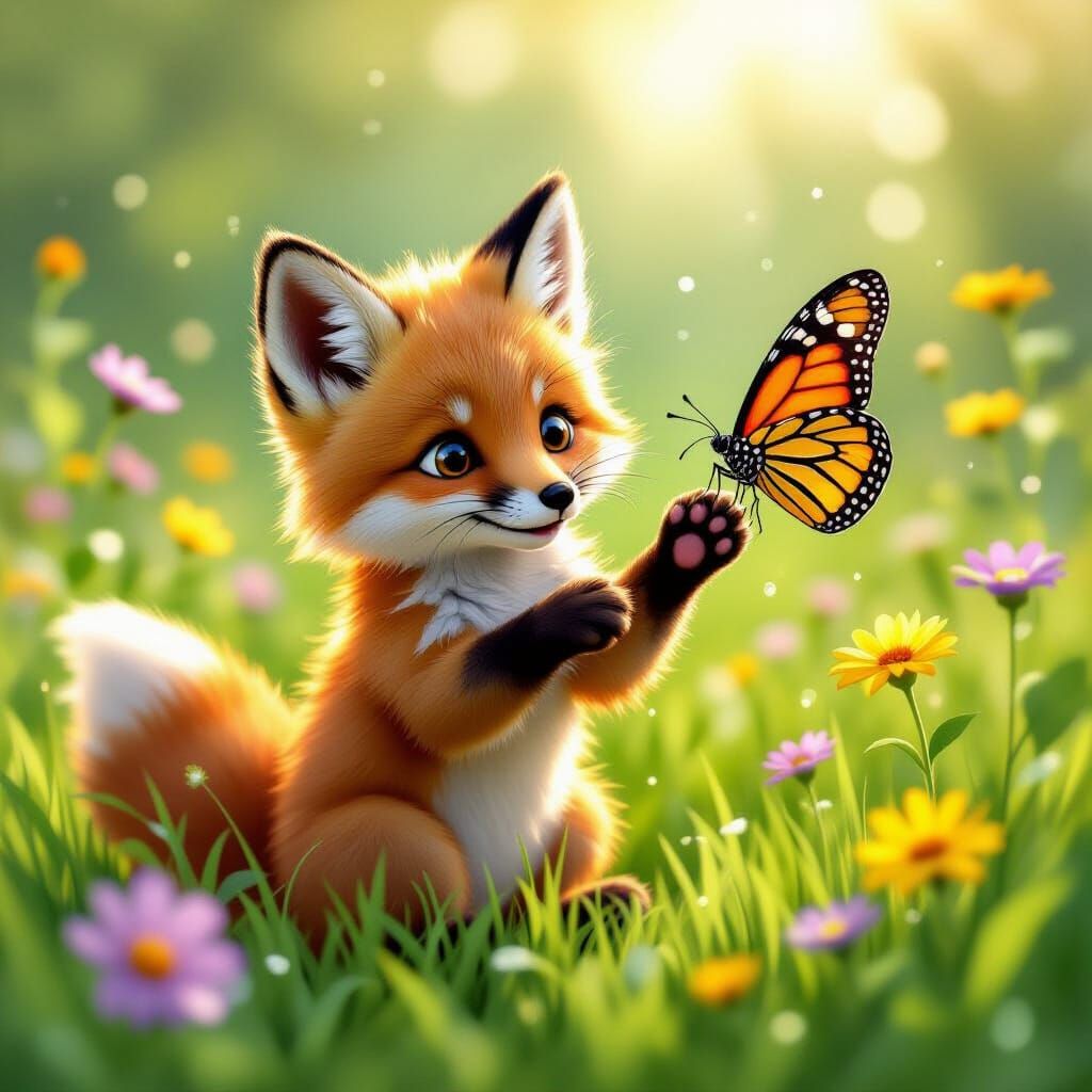 Cute Fox Cub Plays With Butterfly in Golden Hour Meadow