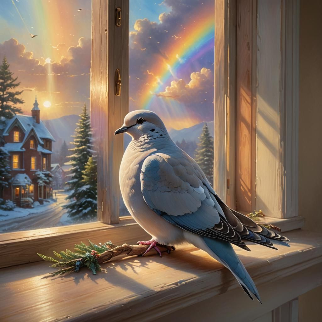 Dove and Rainbow in Hyperrealistic Luminism Style