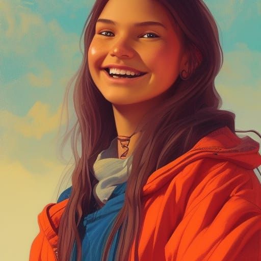 Smiling Native American Girl Portrait in Art Nouveau Style