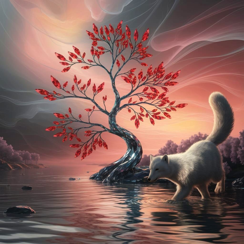 Silver Fox Fishing Under Crystalline Tree