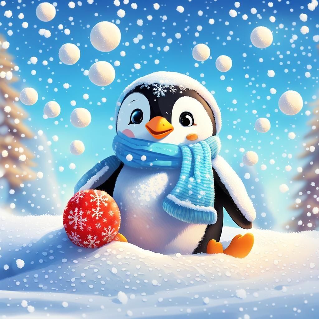 Penguin and Teddy Bear Play Snowballs