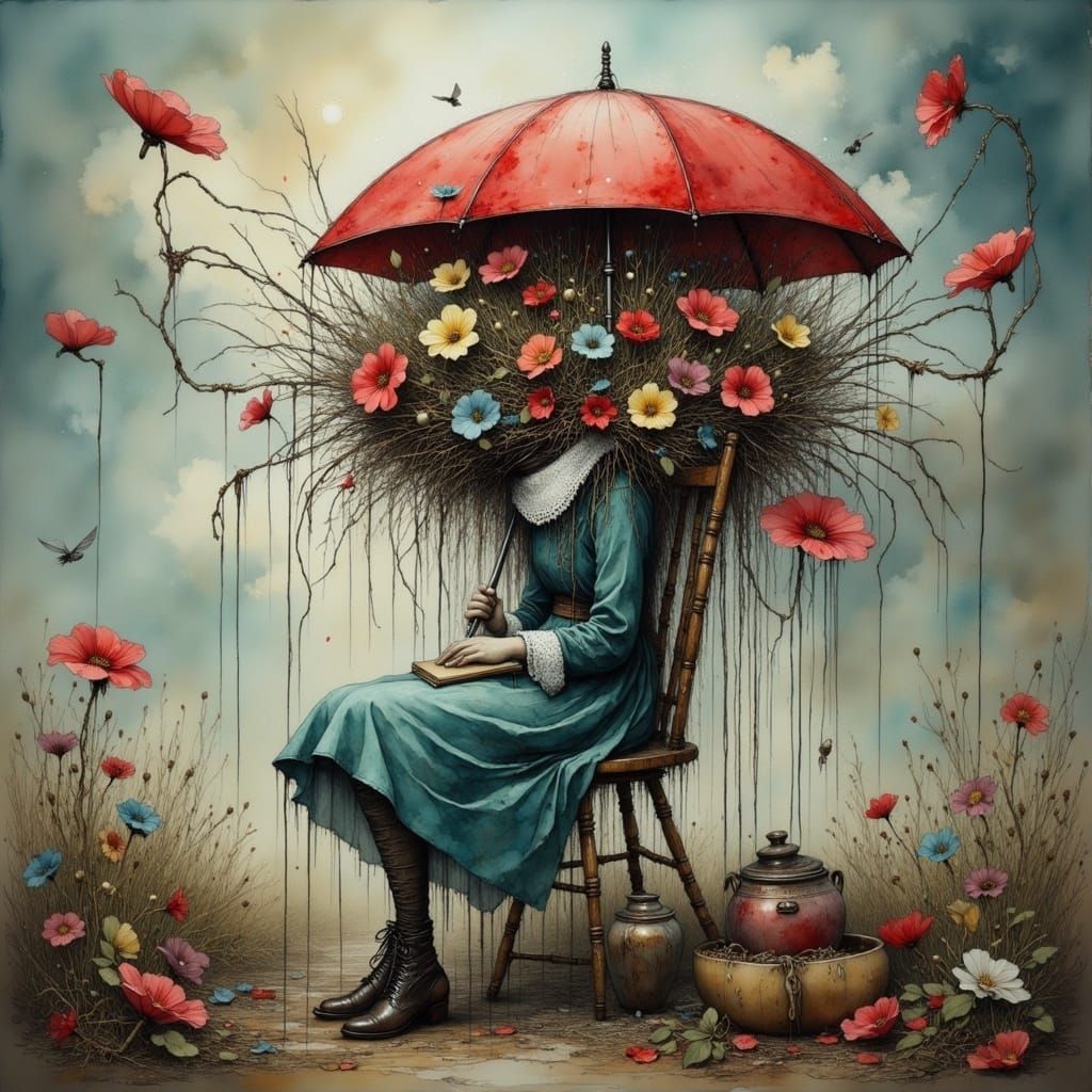 Girl in Surreal Umbrella Landscape