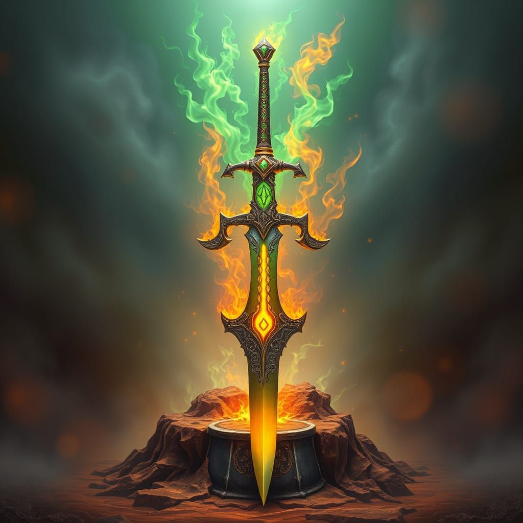 Sword of Enchanted Green Fire with Earthy Hilt and Halo