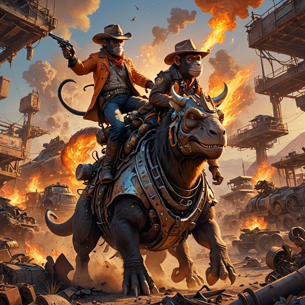 Cowboy Monkey Rides Triceratops in Watercolor War