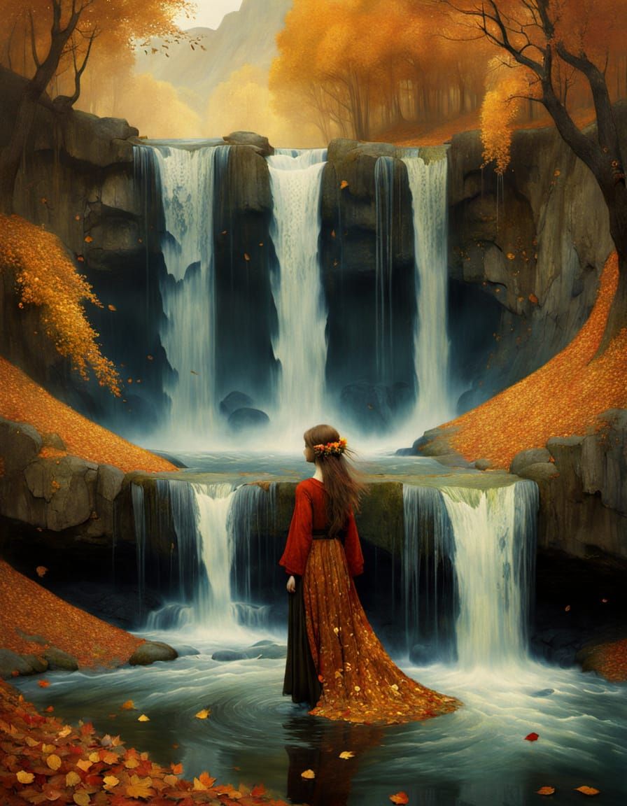 Majestic Autumn Waterfall Landscape Painting