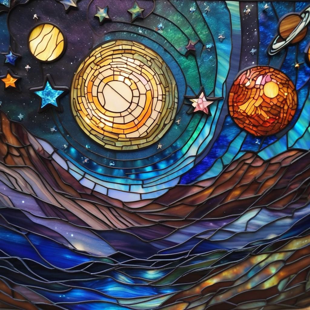 Cosmic River: Iridescent Stained Glass Art in Van Gogh Style