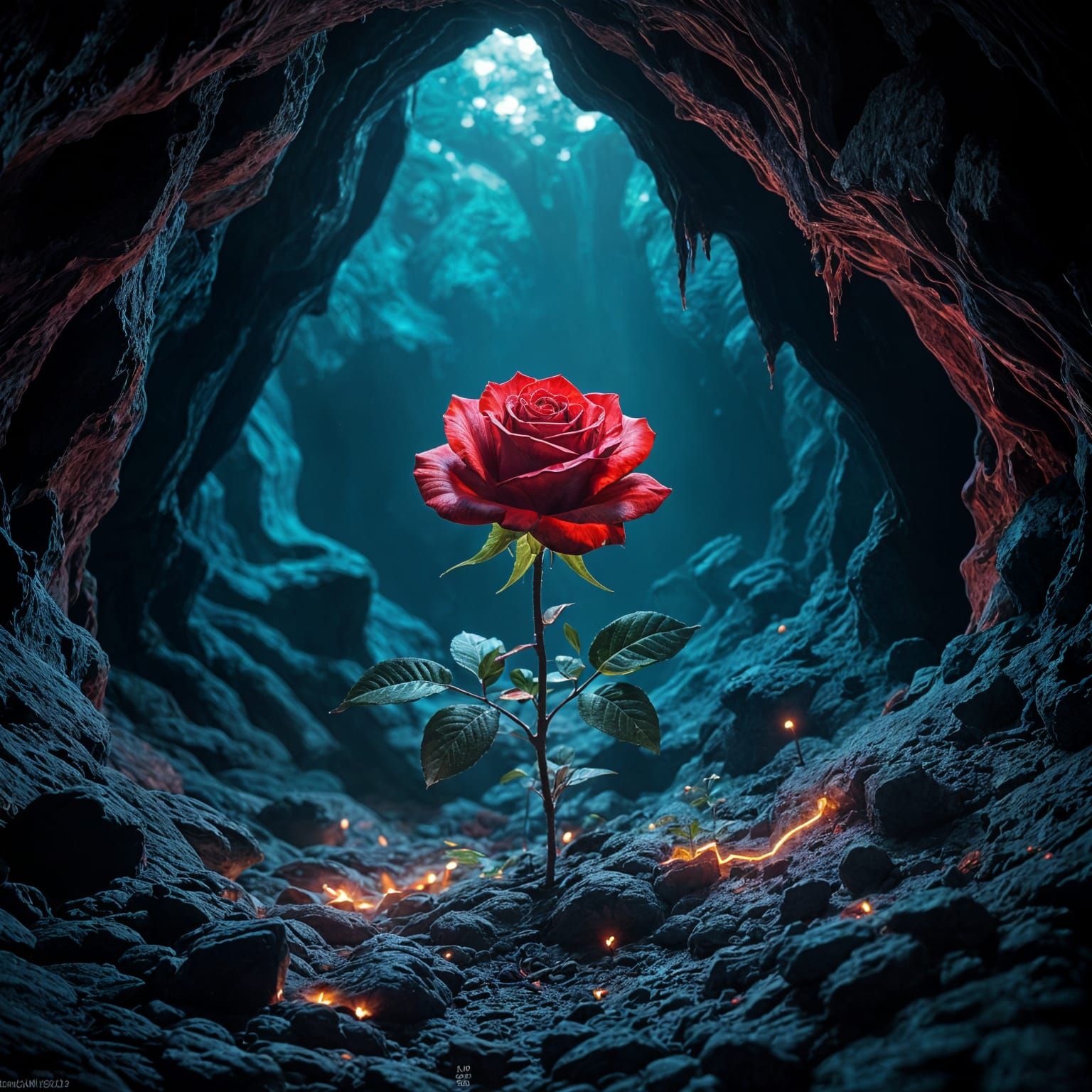 Bioluminescent Rose Blooms in Underground Cavern