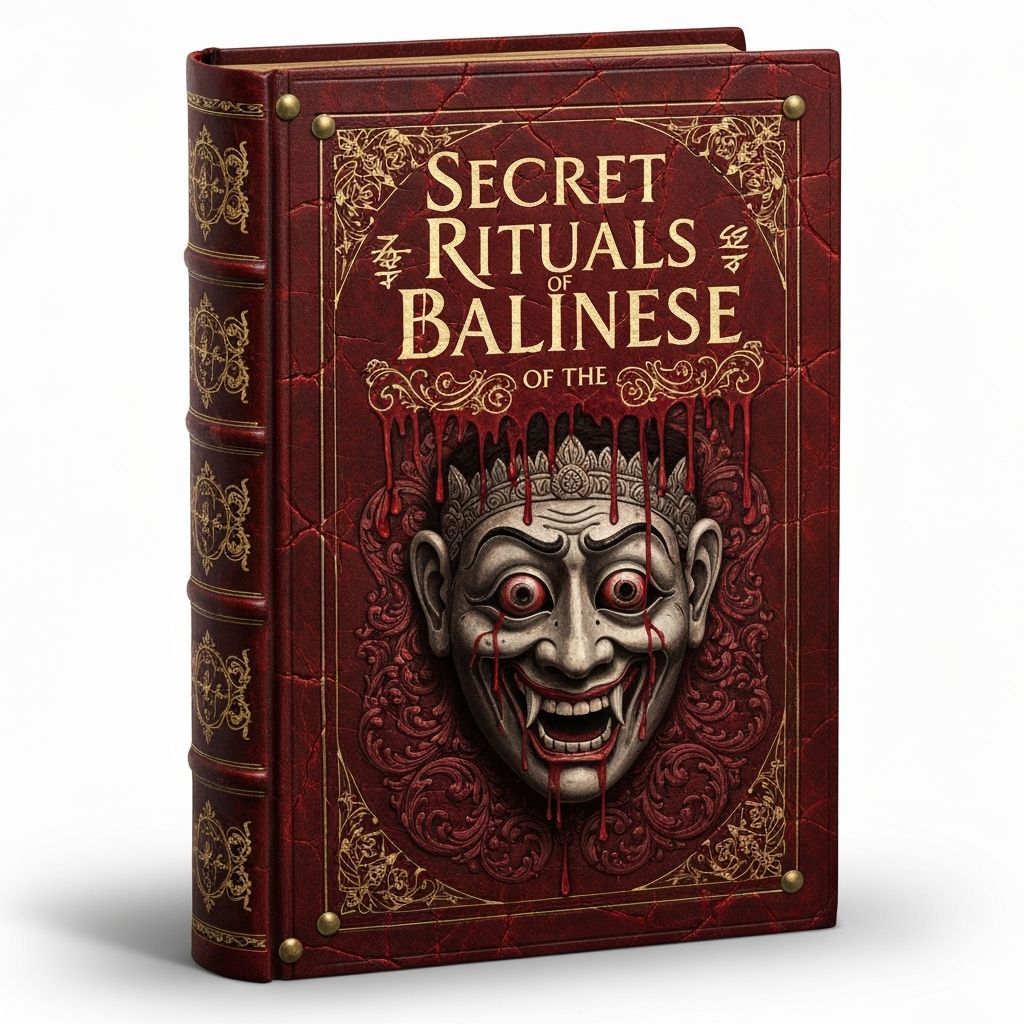 Ominous Balinese Mask on Aged Blood-Red Leather Cover