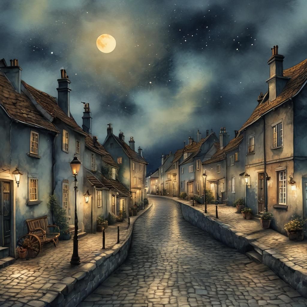 Charming Seaside Town at Night in Watercolor Style