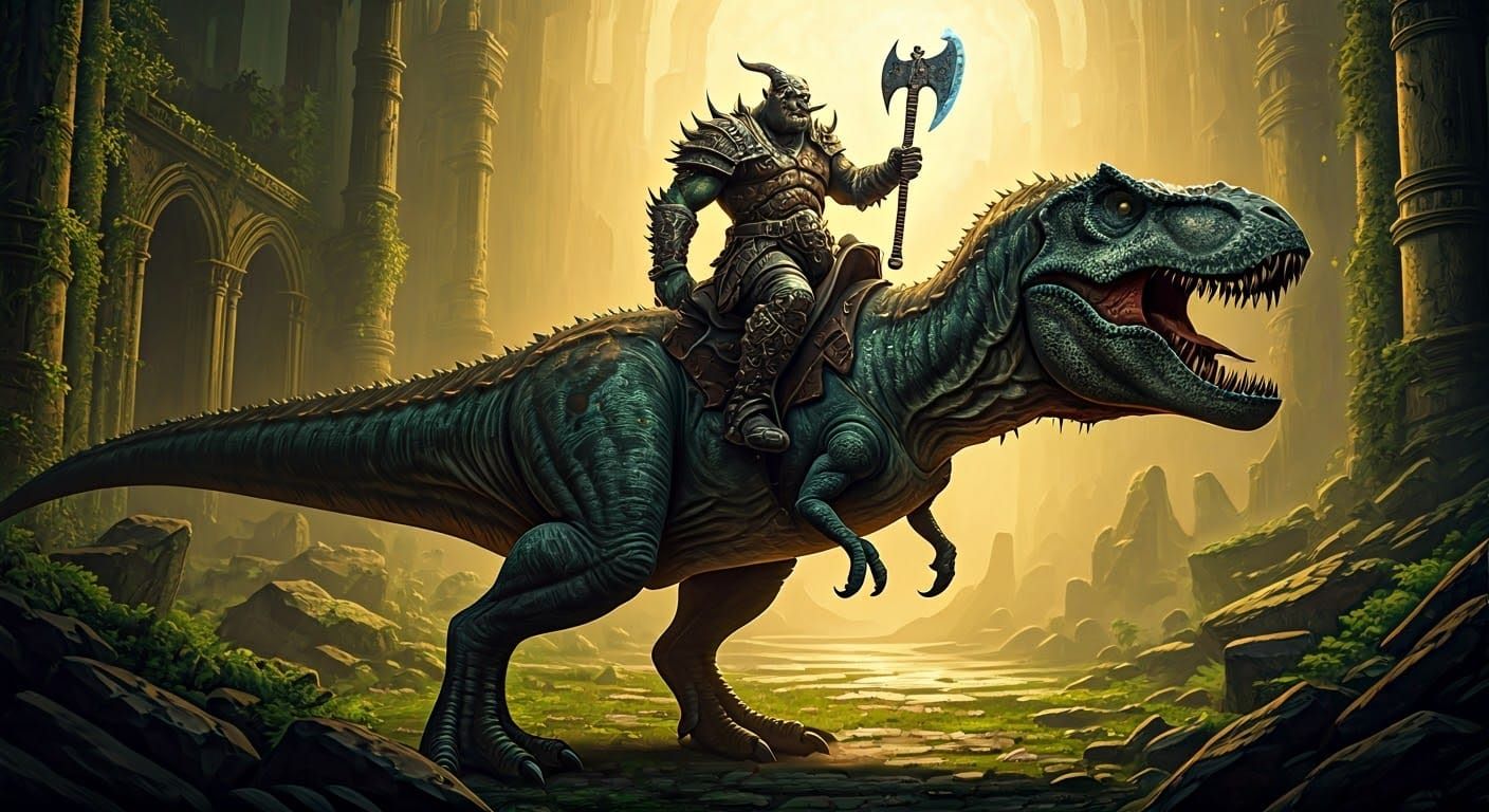 Warrior orc riding tyrannosaurus rex