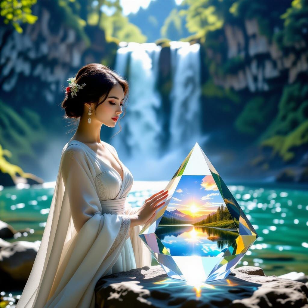 Waterfall Scene with Prism of Four Seasons