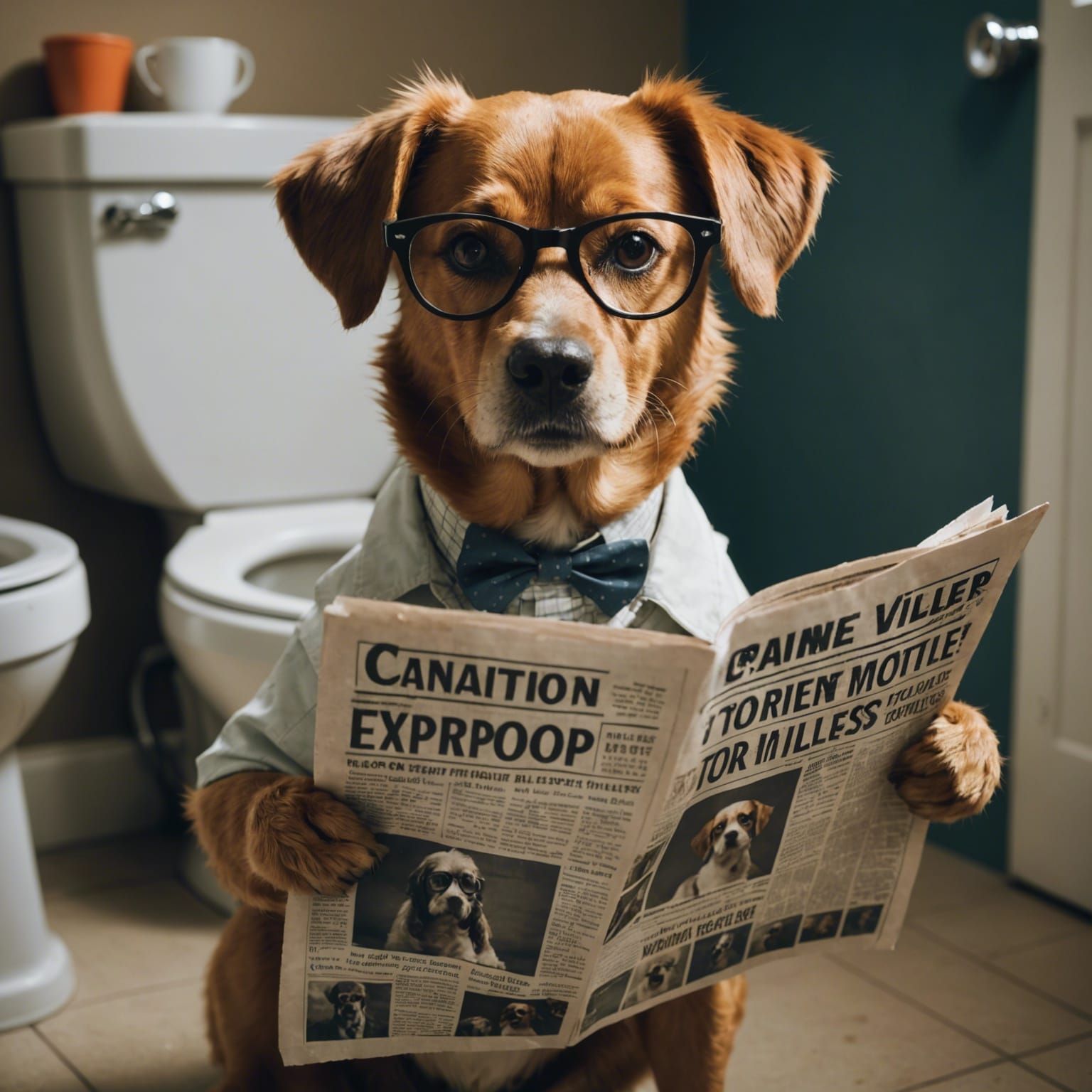 Dog Reads Newspaper on Toilet: Cinematic Film Still
