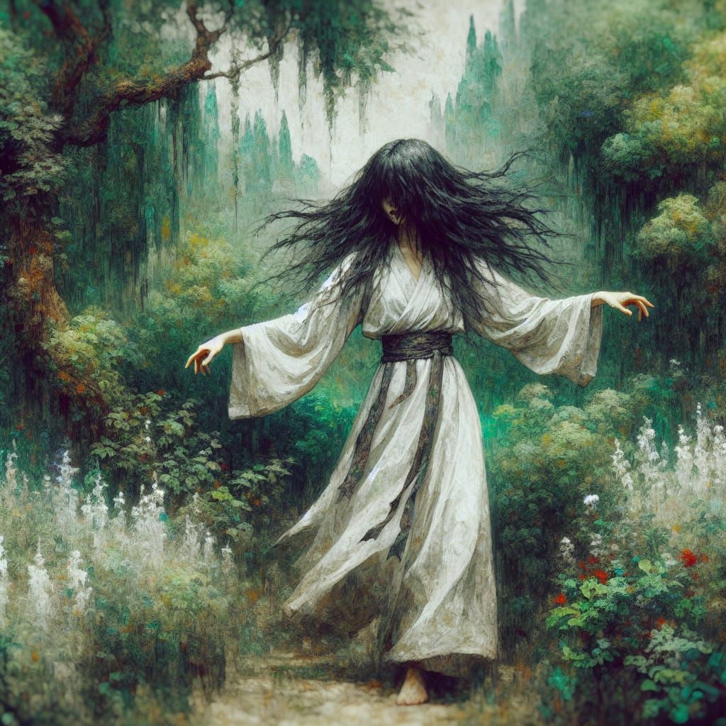 Impressionistic Woman Dancing in Forest, Anime Style