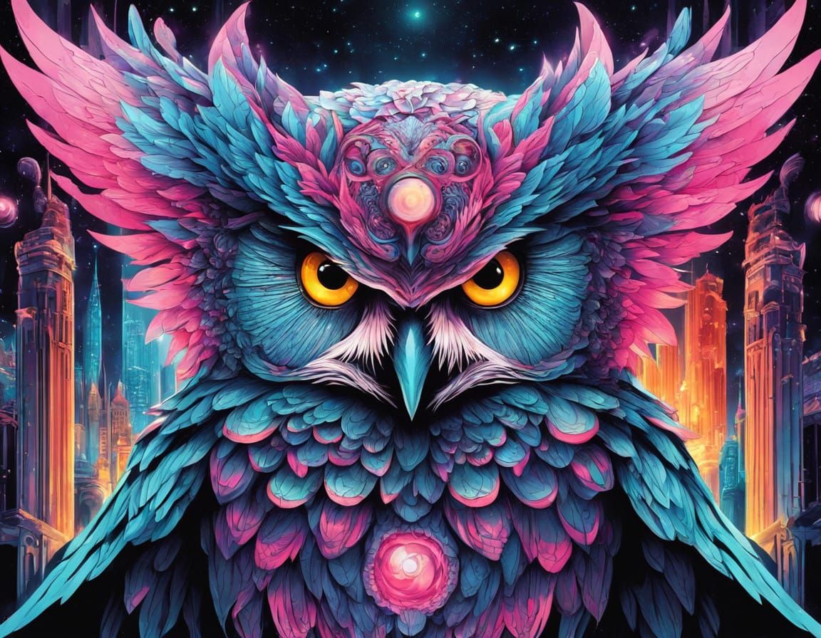 Majestic Owl in Shimmering 80s Anime Fantasy