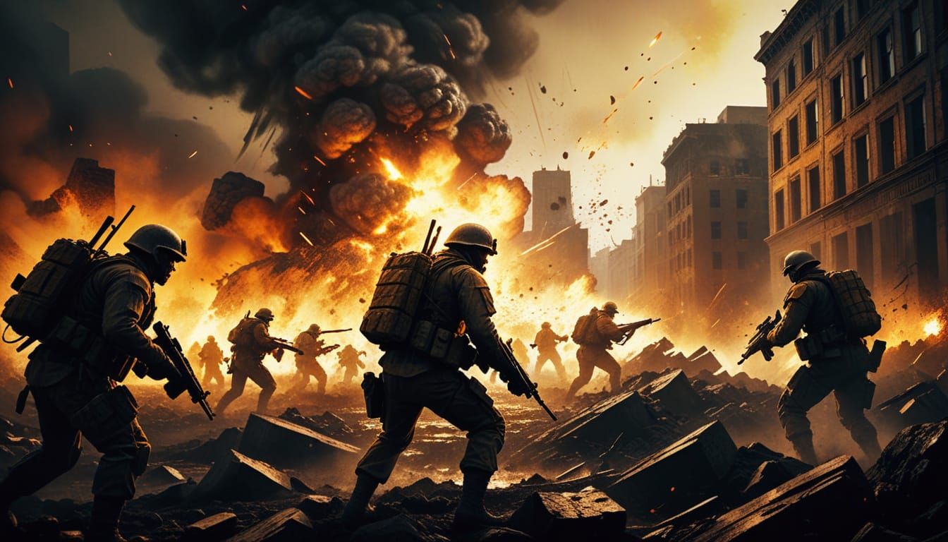 Intense Battlefield Combat in Dark Gritty Style