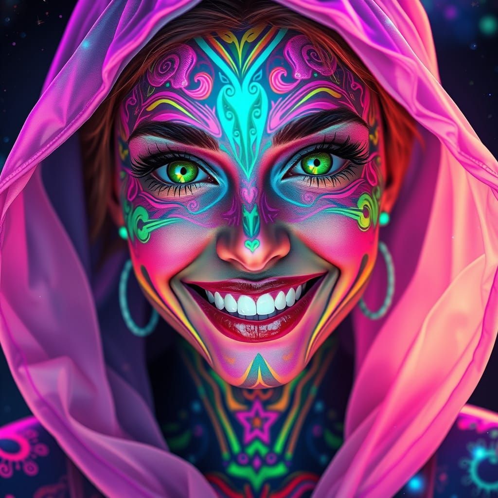 Ethereal Woman Portrait with Neon Fractal Body Art