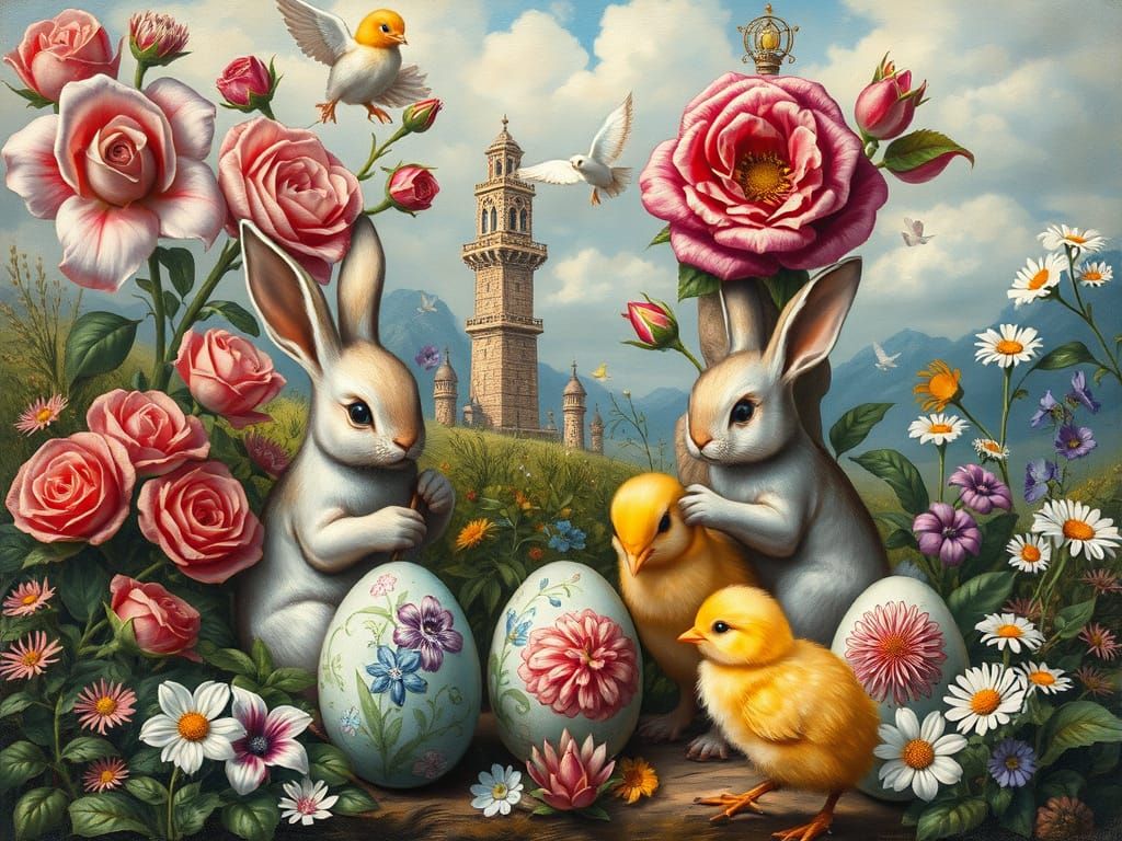 Renaissance Easter Landscape with Bunnies and Flowers