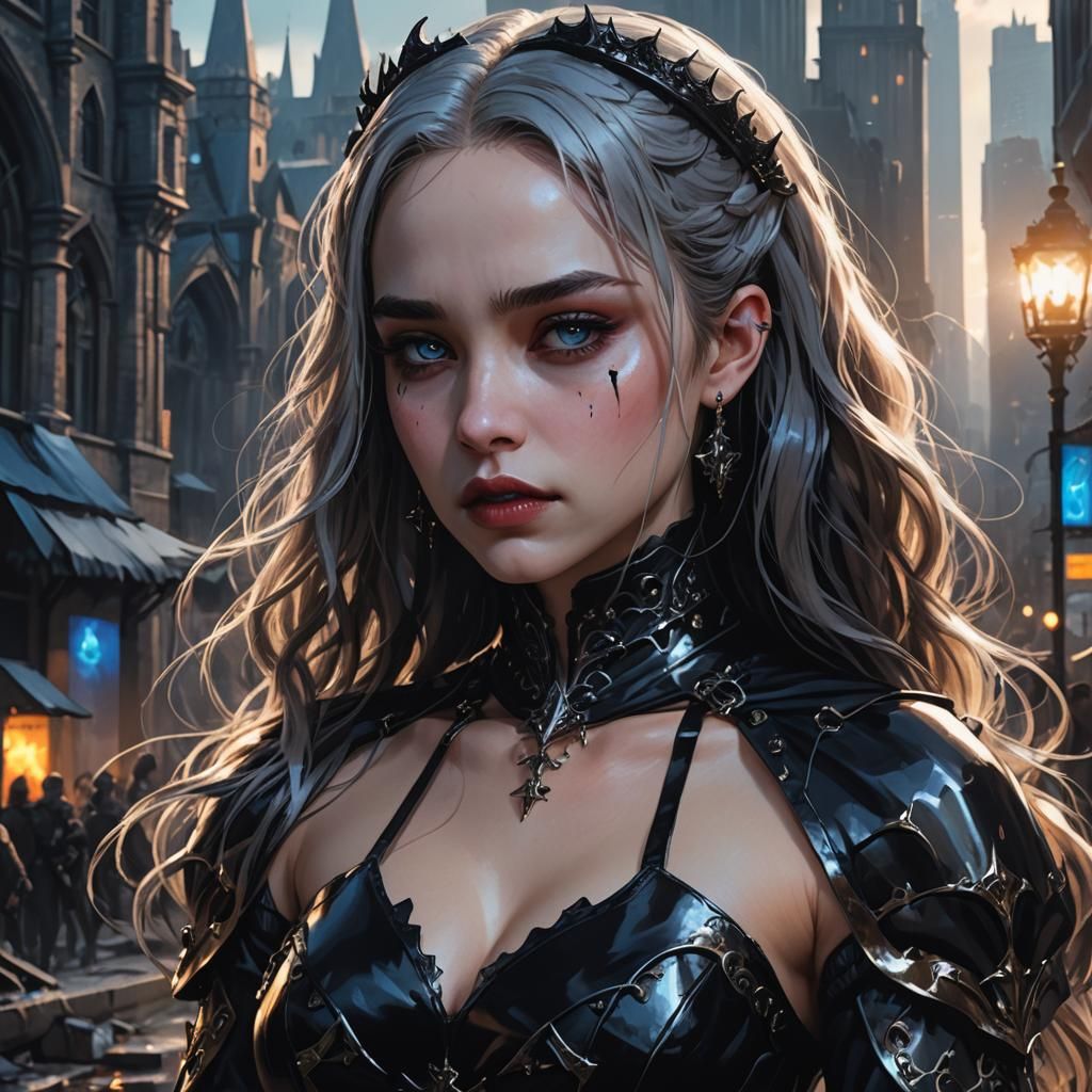 Gothic Vampire Princess in Dystopian City, Anime Style