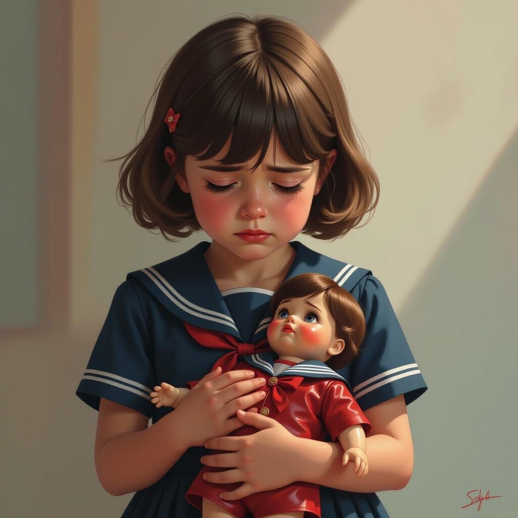 Girl in Sailor Dress Crying, Holding Doll