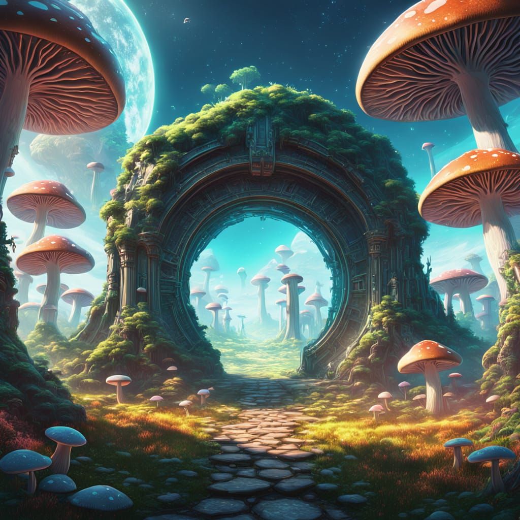 Dimensional Portal to Mushroom Kingdom, Vibrant Digital Art