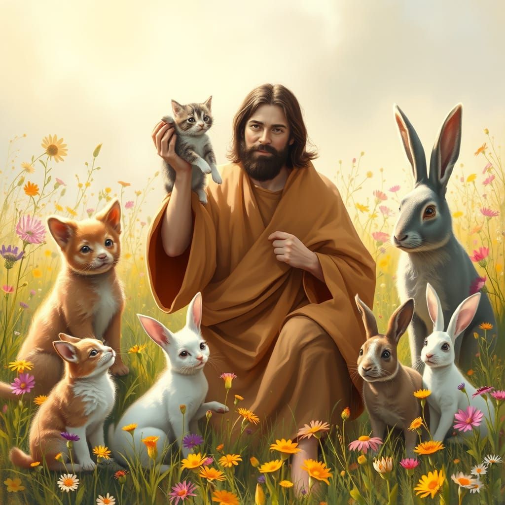 Jesus in a Whimsical Sunlit Meadow with Adorable Pets