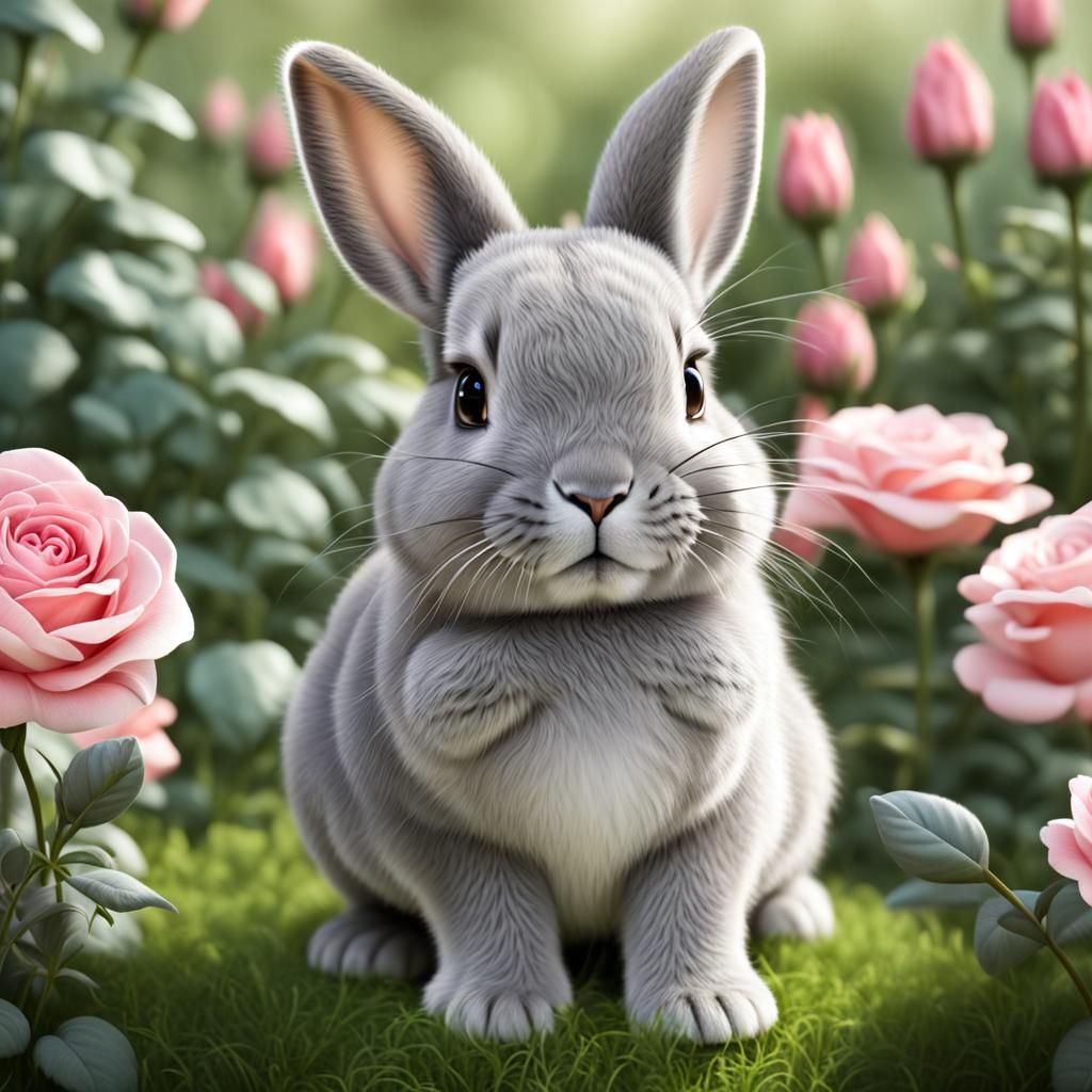 Realistic Grey Bunny in Rose Garden