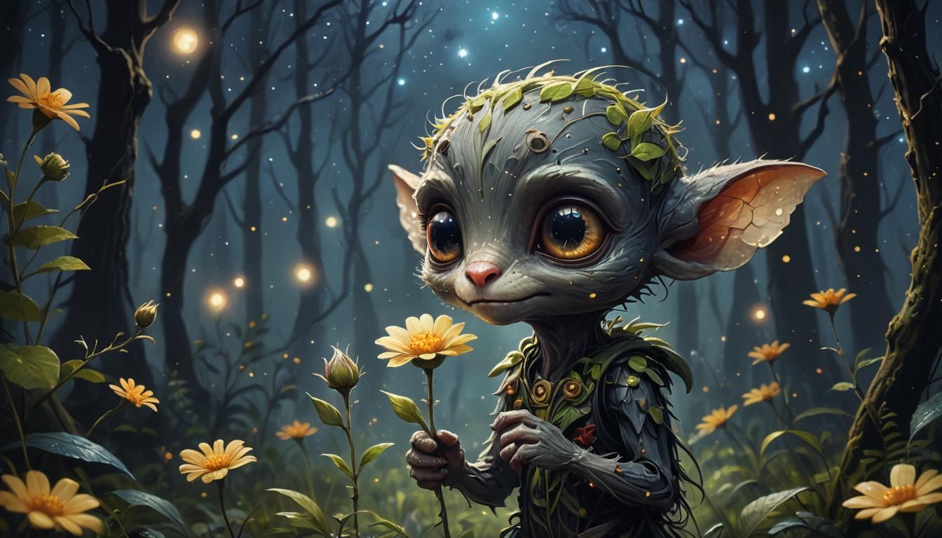 Cute Creature with Flower in Starry Forest
