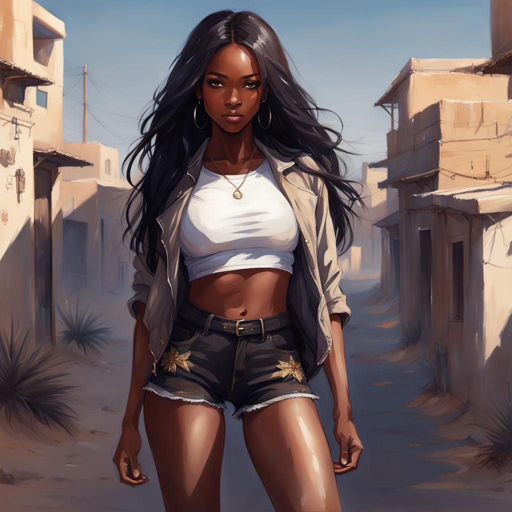 Beautiful Black Girl in Desert Street: Anime Watercolor