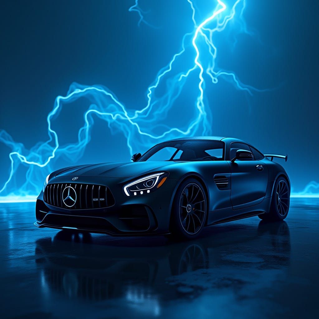 Sleek Cyberpunk Mercedes Benz AMG GT in Electric Blue Haze