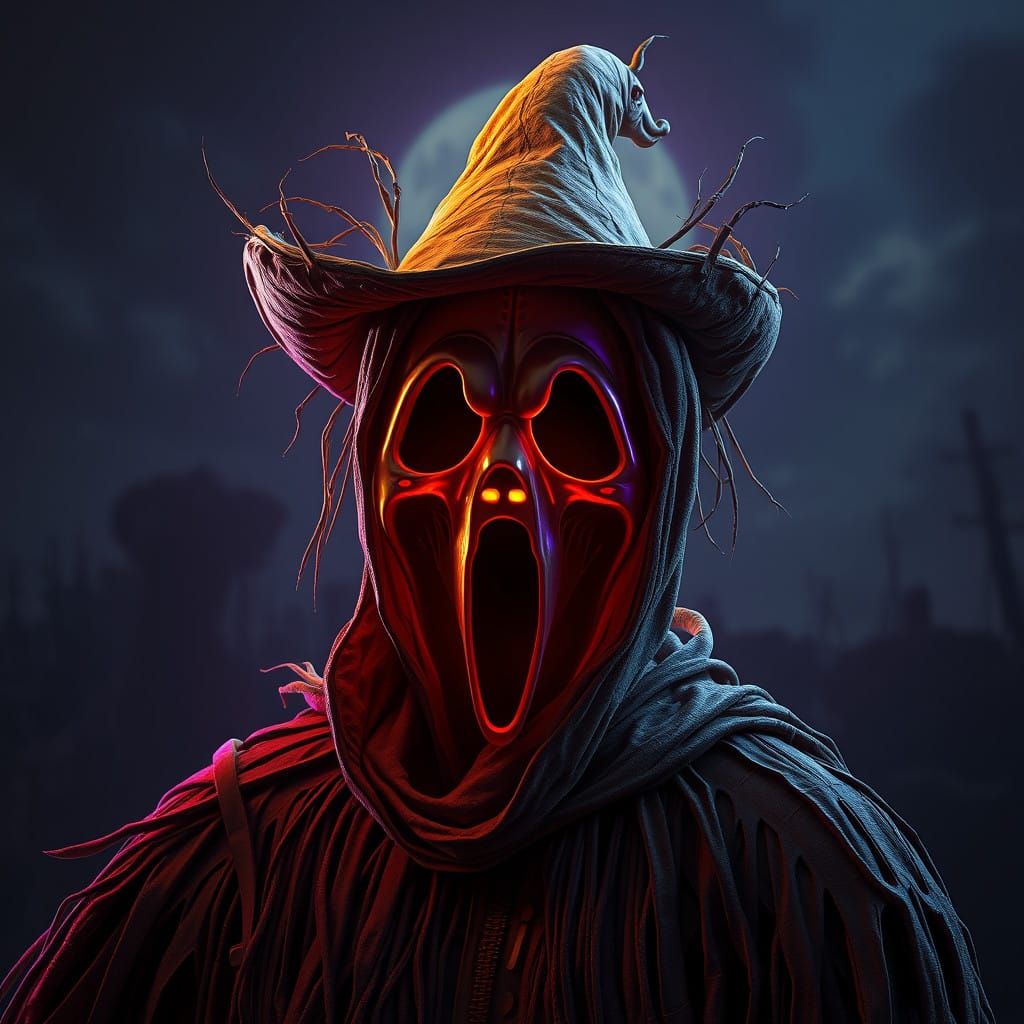 Surreal Scarecrow Wears Ghostface Mask in Dark Fantasy Lands...
