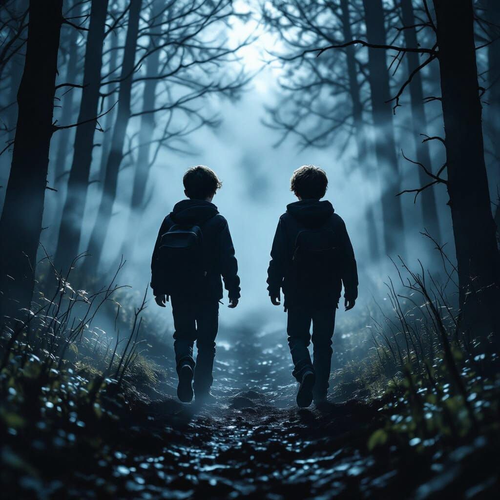 Two Boys Enter Dark Forest at Midnight