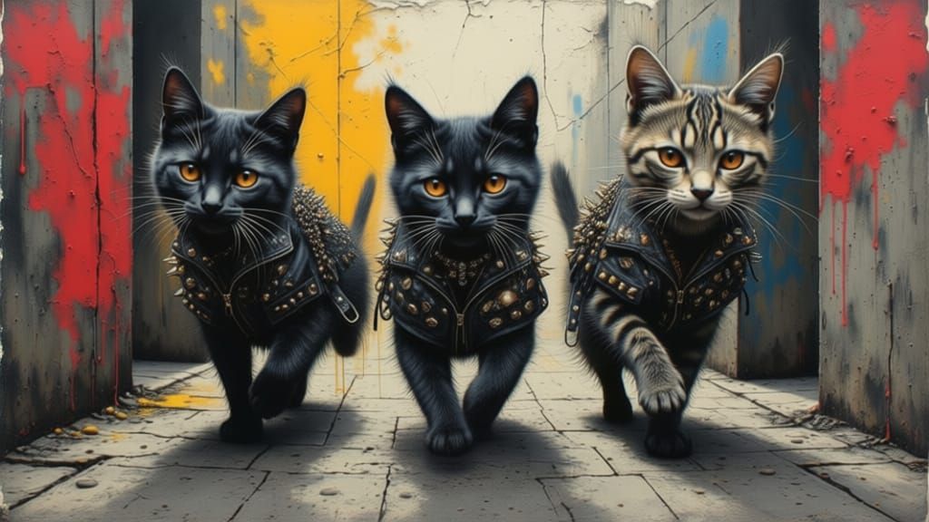 Three Kittens in Leather Jackets in Abstract Surreal Alley