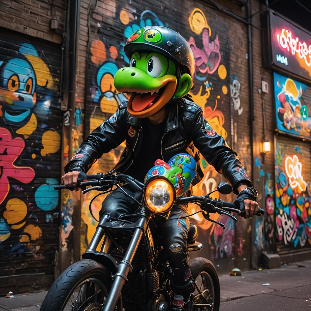 Yoshi Biker Street Art Portrait in Urban Setting