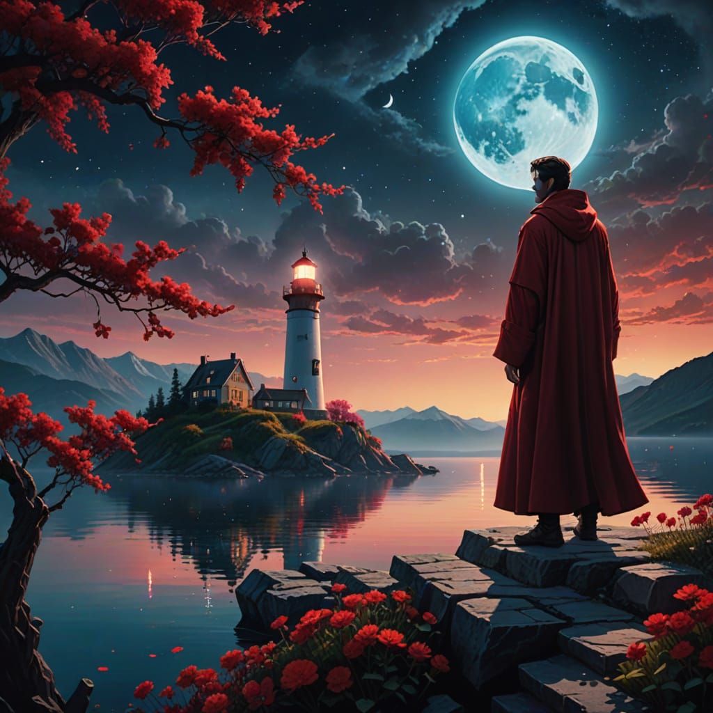 Fantasy Lighthouse Scene with Cloaked Figure in Moonlight