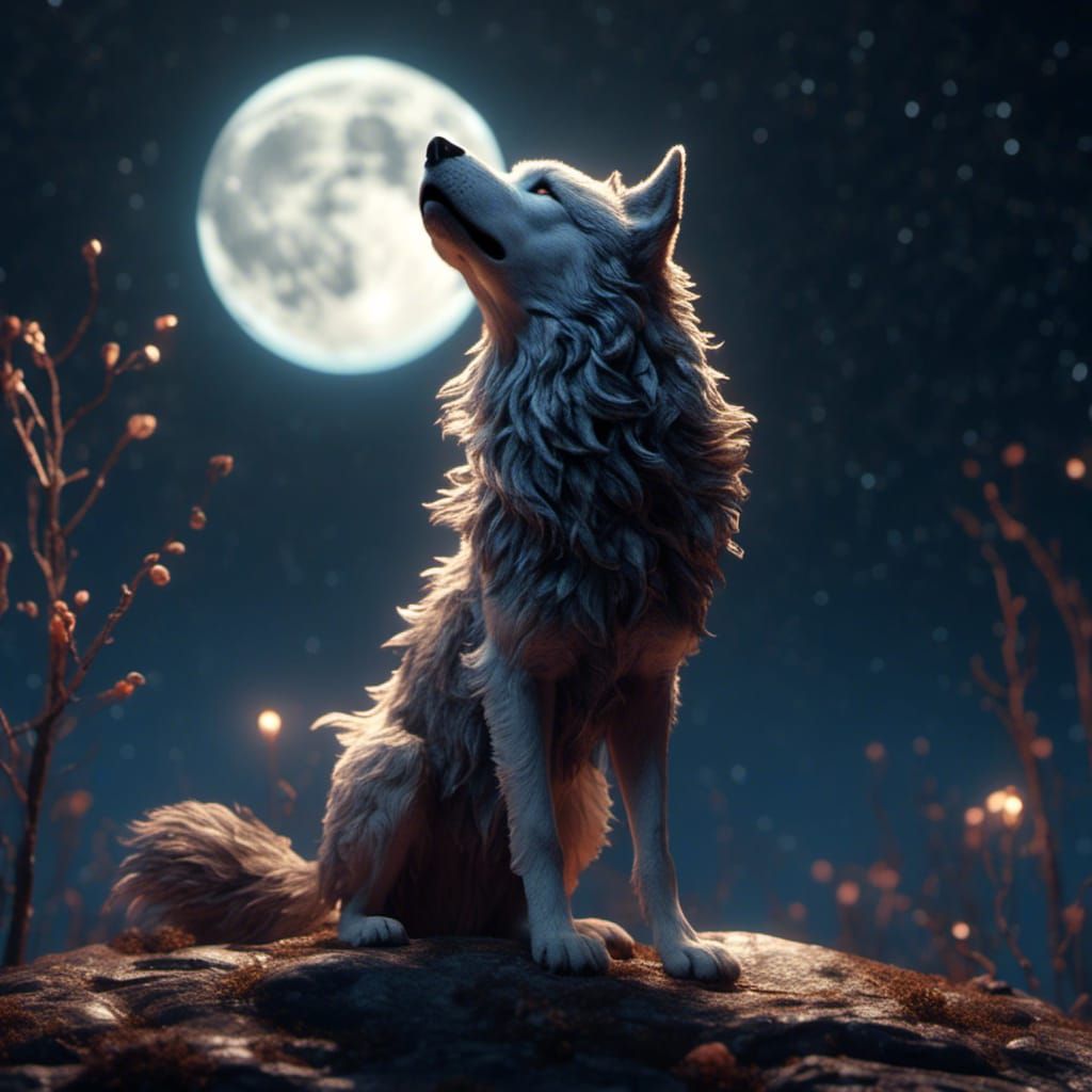 Wolf Dog Howling at Moon in Detailed Digital Painting