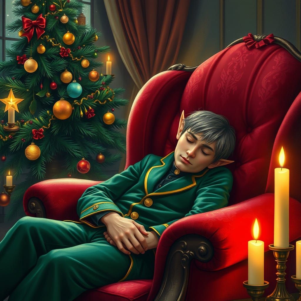 Elf in Cozy Velvet Suit Sleeps Beside Christmas Tree